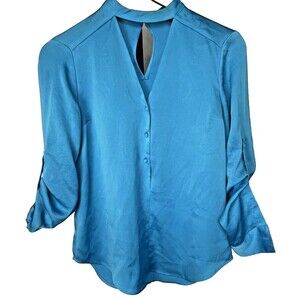 Express Button Up Blouse Blue XS Roll Tab Cut Out V Neck Keyhole Polished Office